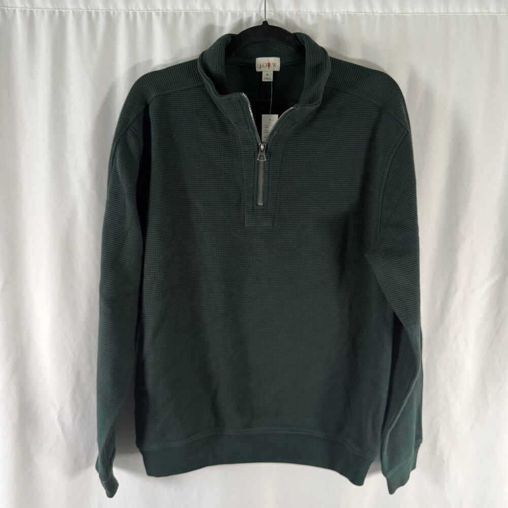New J. Crew Sweater Men's Small Green Waffled 1/4 Zip Pullover Cotton Blend